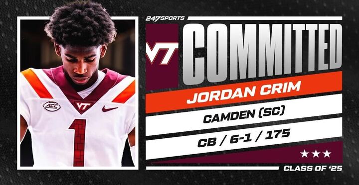 South Carolina DB Jordan Crim commits to Virginia Tech, from <a href="/AnnaH247/">Anna Adams</a> <a href="/CrimJordan1/">Jojo Crim</a> 

#Hokies

🔗: 247sports.com/college/virgin…