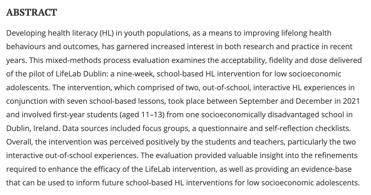 New post in CSHPE

Craig Smith and colleagues examine the outcomes of a pilot of LifeLab Dublin: a nine-week, school-based Health Literacy intervention for low socioeconomic adolescents.

URL: tandfonline.com/doi/abs/10.108…

See abstract 👇