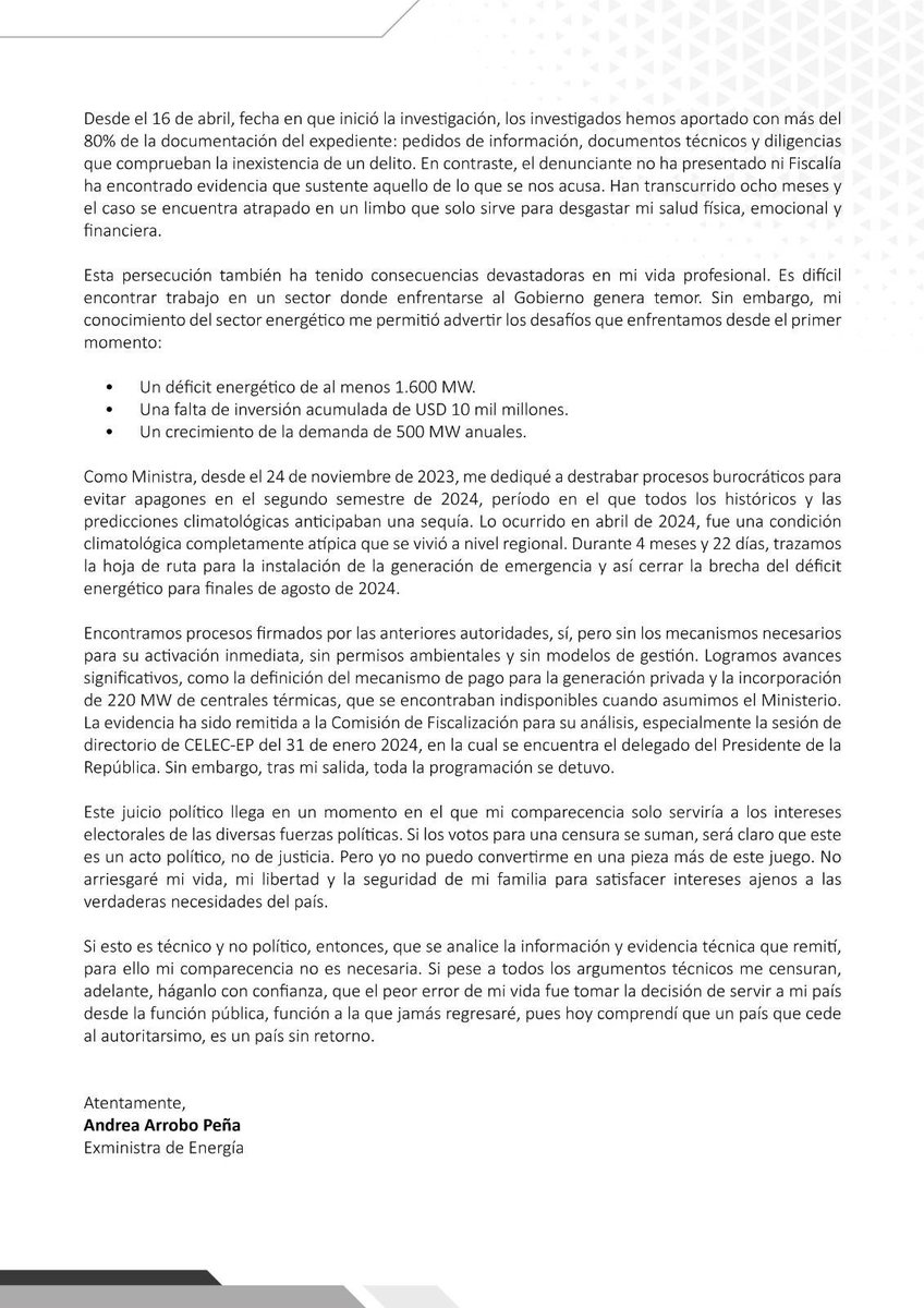 Andrea Arrobo Peña (@andrearrobo) on Twitter photo Sobre el juicio político en mi contra, que se llevará acabo este miércoles en la <a href="/AsambleaEcuador/">Asamblea Nacional</a> a continuación expongo mis argumentos: Sobre el juicio político en mi contra, que se llevará acabo este miércoles en la <a href="/AsambleaEcuador/">Asamblea Nacional</a> a continuación expongo mis argumentos: