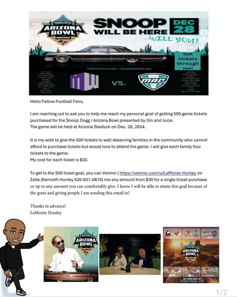 DHunn's tweet image. Hello all, this is some great news, if you're a sports fan and an Arizona sports fan, you or your company would love to be a part of this. My brother @lamontehunley7 @healtharizona has chosen to purchase tickets for the upcoming 2024 Snoop Dogg Arizona Bowl in Tucson on Dec 28th.