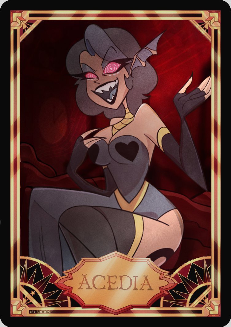 Have Acedia as a trading card 😼
(I spent too long on it and I hate it) 

#hazbin #hazbinhotel #oc #art #hazbinoc