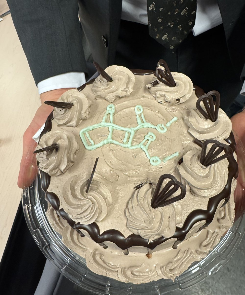 Lautens group PhD#59 is granted to Xavier Abel-Snape in <a href="/UofTArtSci/">U of T Arts & Science</a> <a href="/chemuoft/">Chemistry at UofT</a> 

Xavier came from <a href="/UMontreal/">Université de Montréal</a> Shawn Collins. Heading to ICIQ and <a href="/rmartinICIQ/">Ruben Martin</a> for a postdoctoral position.

A couple of decent bottles of champagne and a fun decoration on his cake symbolizing his work.