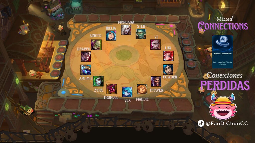 Aumento "Conexiones Perdidas"
No hace falta aprenderse de memoria dónde va cada unidad. En cambio, enfócate en recordar únicamente dónde están las unidades clave para composiciones de reroll (esto varía según el parche), como Vi, Draven y Powder

#TFTTips #TFT #TeamfightTactics