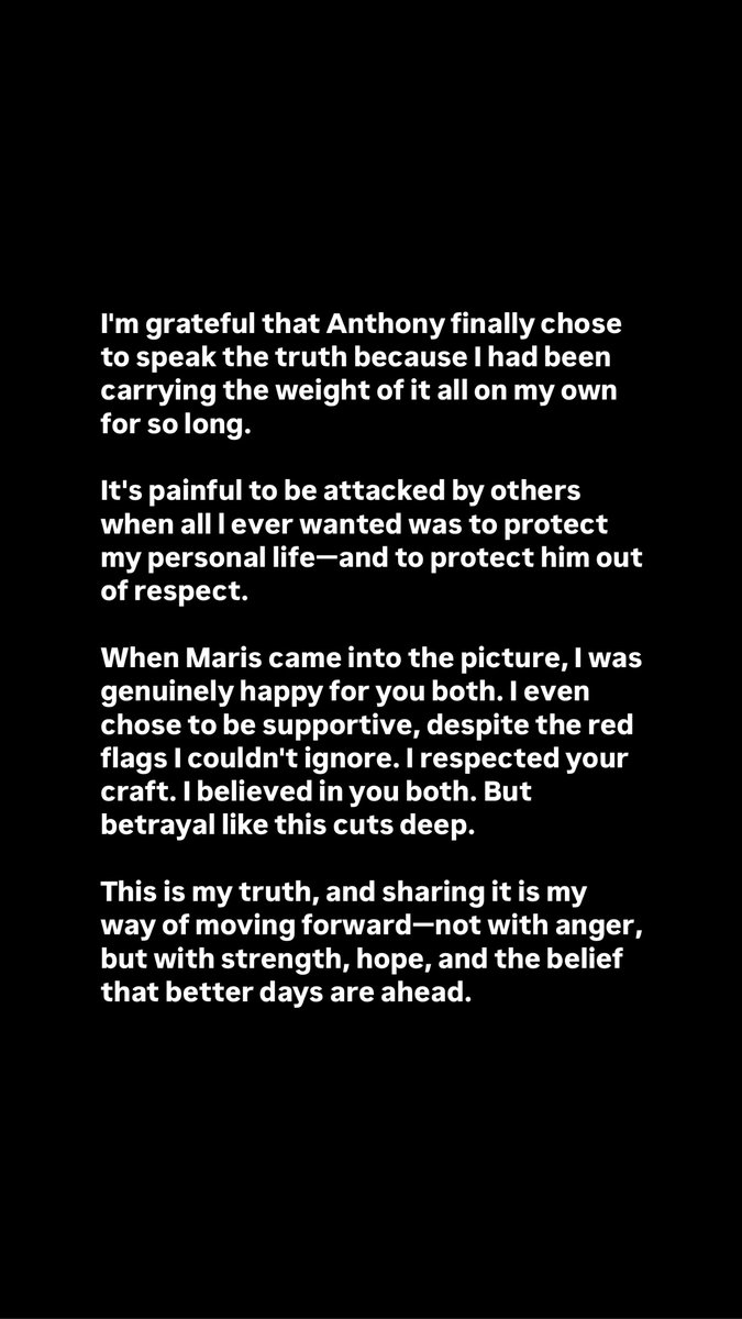 PhilippineStar's tweet photo. ‘I TRUSTED MY PARTNER AND HER—AS A WOMAN’

Jamela Villanueva, ex-girlfriend of actor Anthony Jennings, broke her silence after the actor confirmed their split.

“Michael, for nearly 7 years I'm so grateful for you being my rock, my best friend, and most especially my partner… Happiness was all I ever wanted for you, in our years of living together. I never imagined I'd have to let you go, but I did—so you could grow and find happiness on your own,” she said in her Instagram Story on Tuesday.

In a series of screenshots, Villanueva also revealed Jennings' alleged relationship with actress Maris Racal during their time together.

“I allowed this to happen because I thought it was the best way to support them both. Most importantly, I trusted my partner and her—as a woman,” she added.

Jennings and Racal worked together in the television series “Can’t Buy Me Love.” (Instagram/Jamela Villanueva)