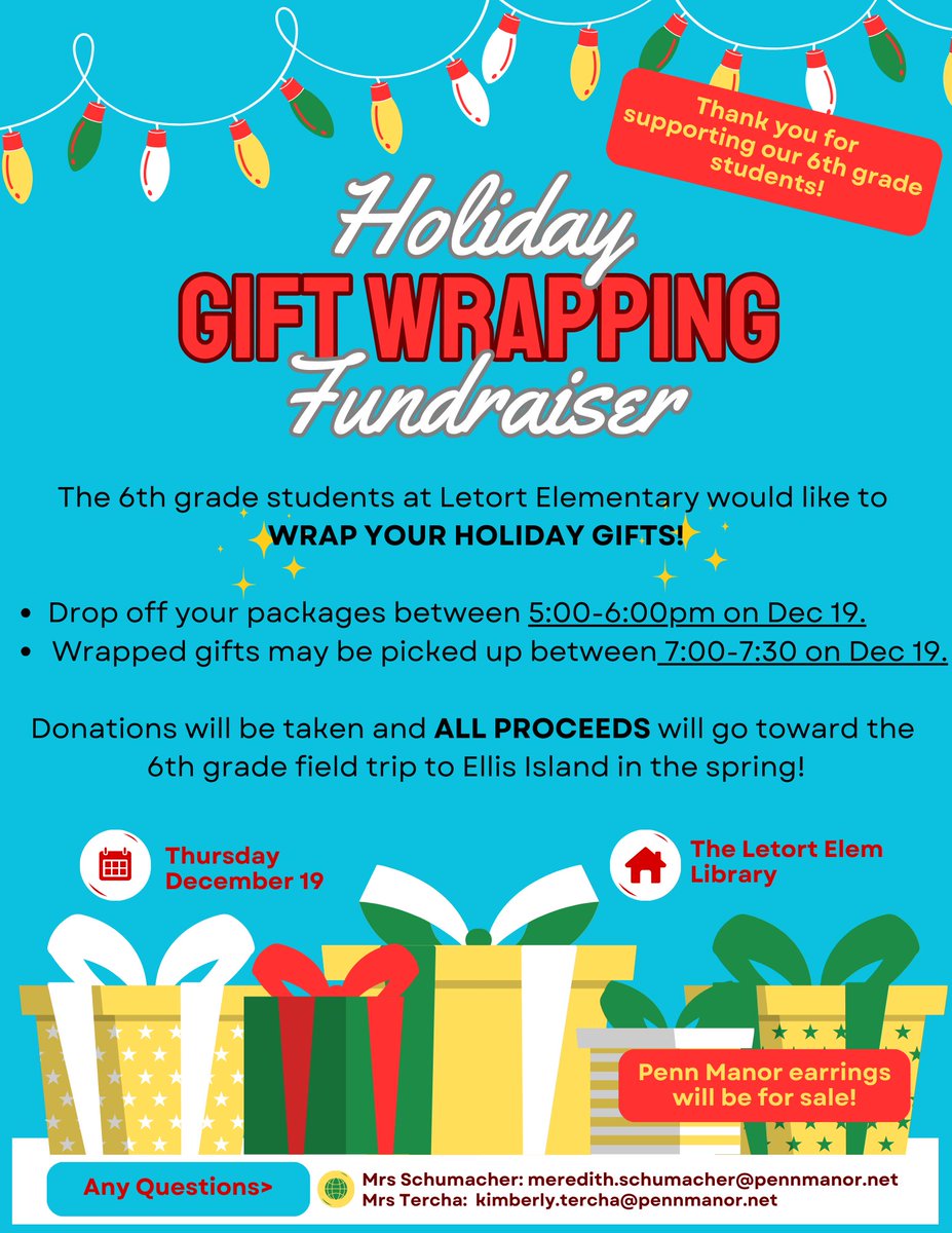 📣Need some help wrapping those holiday gifts!?📣

🎁 We got you covered! 🎁

6th grade Letort students are hosting a fundraiser to support our field trip to Ellis Island in the spring!

Hope to see you there!! 💙💫

<a href="/pennmanor/">Penn Manor SD</a>