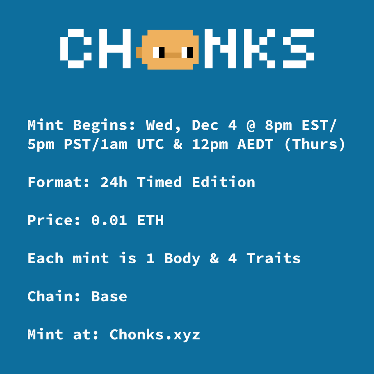 backseats_eth's tweet photo. Here are the details for the Chonks mint!

When: December 4th @ 8p Eastern time

Format: 24h Timed Edition

Price: 0.01 ETH per Chonk (mints you a Body holding 4 Traits)

Chain: @base

More details on Chonks in following tweets

Hope to see you there @backseats_eth @marka_eth