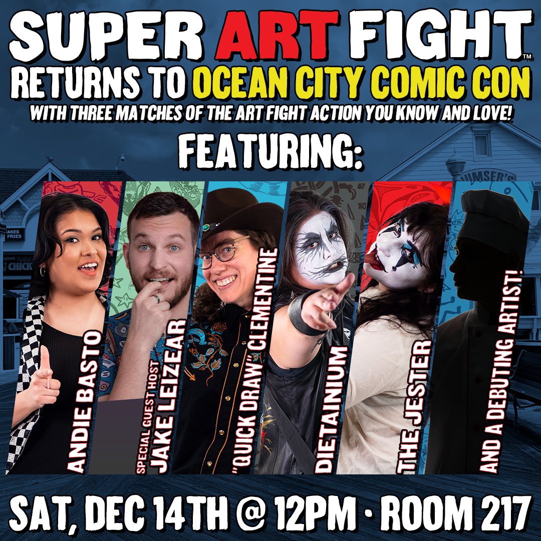We’ll be performing at <a href="/OceanCityComic/">Ocean City Comic Con</a> on Saturday the 14th at Noon in ROOM 217. 

Get ready for three matches of Super Art Fight chaos featuring our hosts Andie Basto &amp; Special Guest Host, Jake Leizear! And prepare yourselves for another Super Art Fight DEBUT! 🖊️🎤