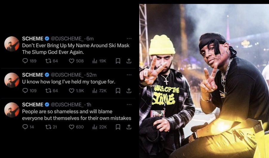 aduxcelupdates's tweet photo. #DJScheme says to not bring up #SkiMaskTheSlumpGod name around him ever again… 💔 https://t.co/UDCNNu1h8A