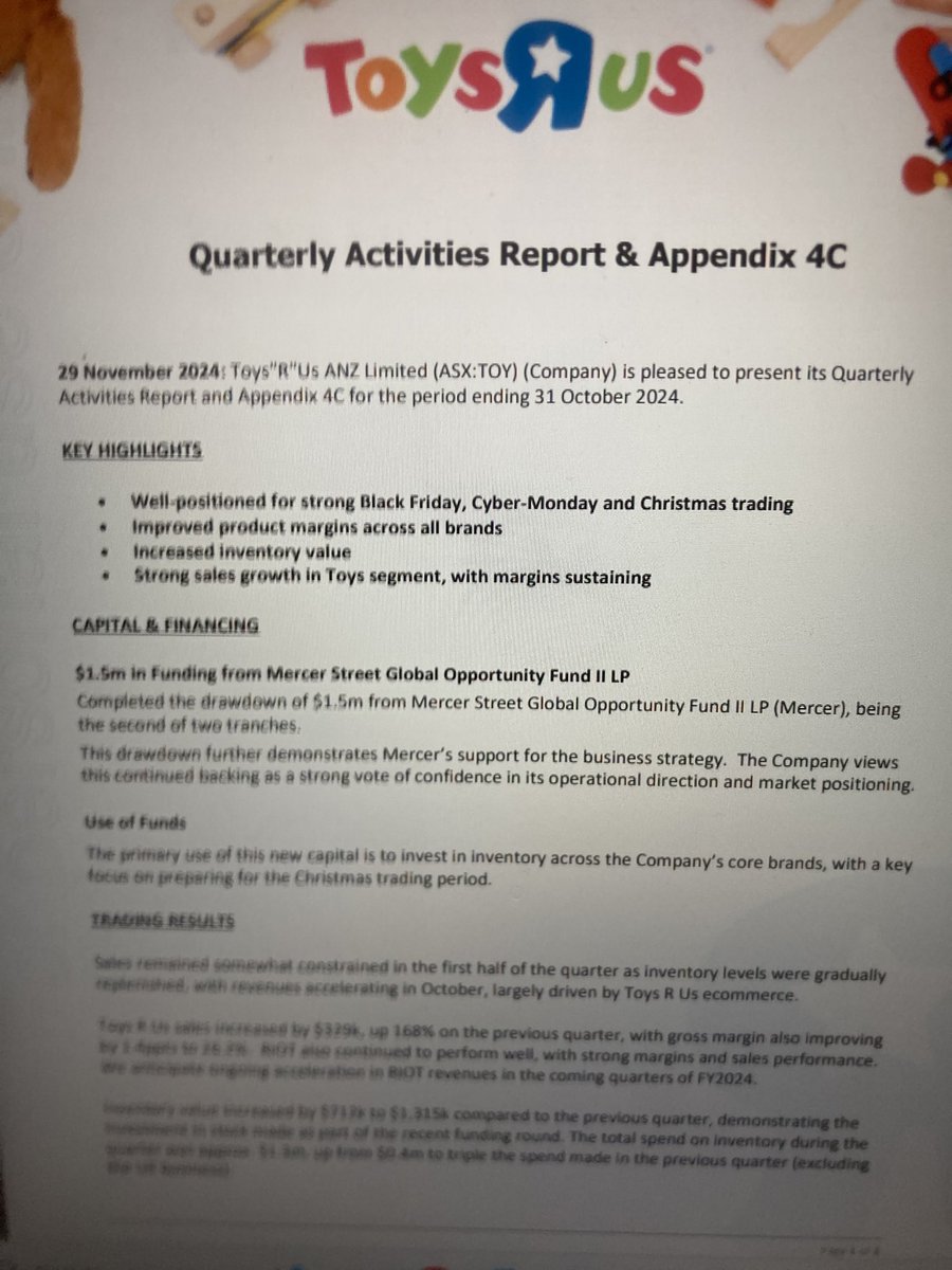 #TOY #TOYRF <a href="/ToysRUs/">Toys"R"Us</a> sales increased by 168% ok the previous quarter. 

- Well positioned for strong Black Friday, cyber Monday, and Christmas trading. 
-Improved product margins across all brands
-Increased Inventory Value 
- Strong sales growth in Toy Segment, with Marigind
