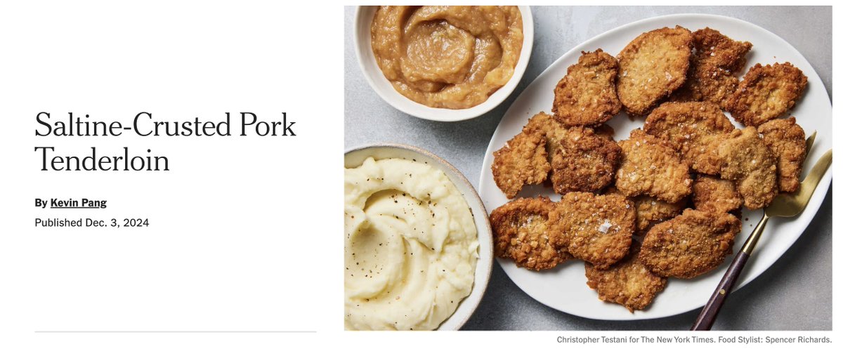 My latest recipe for @NYTCooking: Our take on the beloved Midwestern classic "Breaded Pork Tenderloin," but crusted with crumbled saltine crackers and fried in butter!

GIFT RECIPE LINK -&gt; cooking.nytimes.com/recipes/102590…