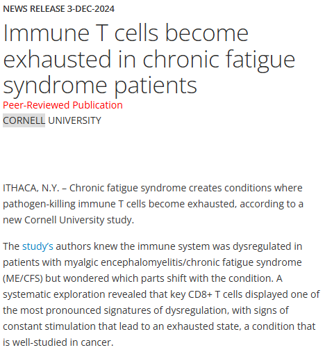 Press release:
Immune T cells become exhausted in chronic fatigue syndrome patients

eurekalert.org/news-releases/…

Longer piece from same university with more quotes:
news.cornell.edu/stories/2024/1…

#MyalgicEncephalomyelitis #ChronicFatigueSyndrome #MEcfs #CFS #PwME
