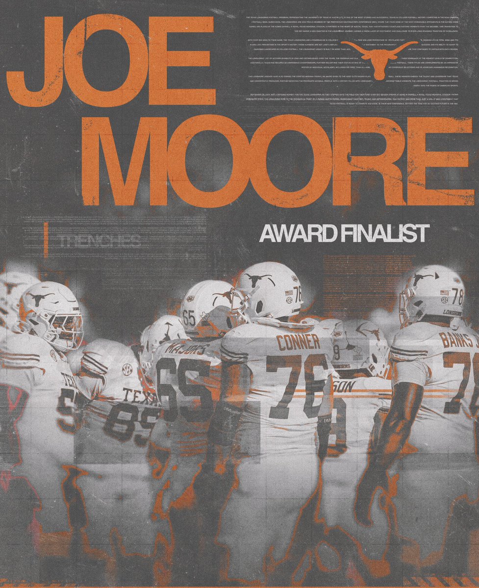 TexasFootball's tweet image. Big humans. Big recognition.

The Texas offensive line is a finalist for the Joe Moore Award 🤘
