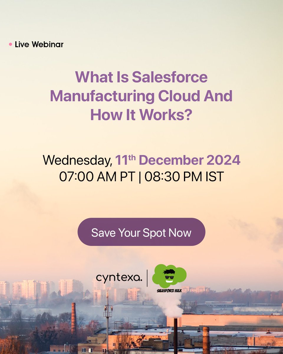 Transform your #manufacturing game with the power of AI! 

Don’t miss out! cyntexa.com/webinar/what-i…

#Salesforce #ManufacturingCloud #AIInManufacturing #Innovation #Webinar