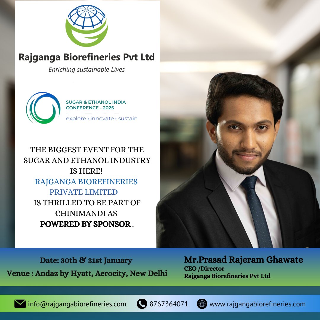 RajgangaBio's tweet photo. Rajganga Biorefineries Private Limited takes immense pride in partnering with the highly anticipated event in the sugar and ethanol industry . 
#chinimandi #SEIC2025 #ethanol #rajganga #SugarIndustry
#EthanolIndustry #Sustainability #Biorefineries #RenewableEnergy #GreenEnergy https://t.co/MOIIaYGEcU