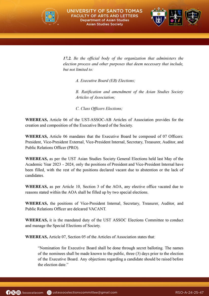 AssocEleCom's tweet photo. IMPLEMENTING RULES AND REGULATIONS NO. 05
Series of 2024-2025

GUIDELINES AND REGULATIONS ELECTION OF EXECUTIVE BOARD THROUGH A SECRET BALLOT AMONG BOARD OF REPRESENTATIVE DUE TO FAILURE OF SPECIAL ELECTIONS 2024 https://t.co/1w1zfKXSRr