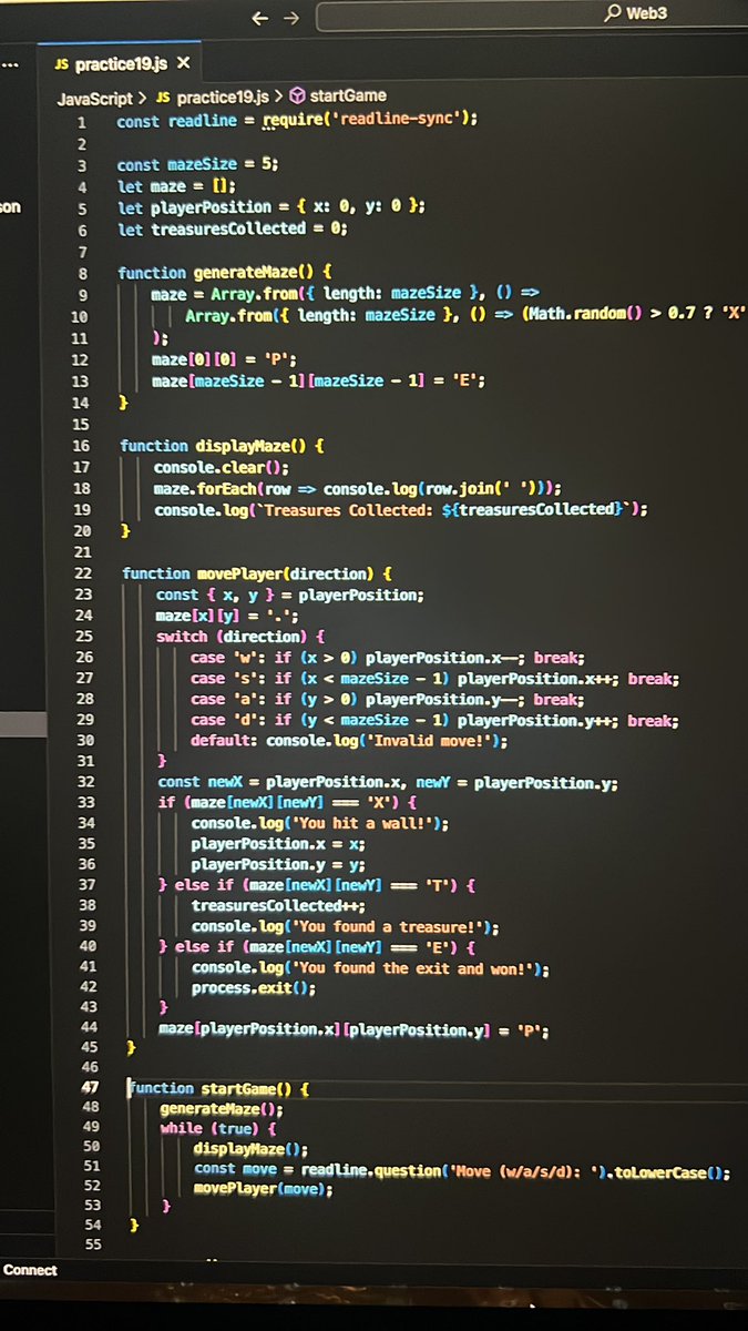 eulav321's tweet image. Day 20 of my #101DaysofCode Series:

- Rounding up my JS classes with more applications 

- This time I built a maze game. The user can move around using certain keys and find exits, treasures and other surprises in a grid

#Web3 #building inpublic