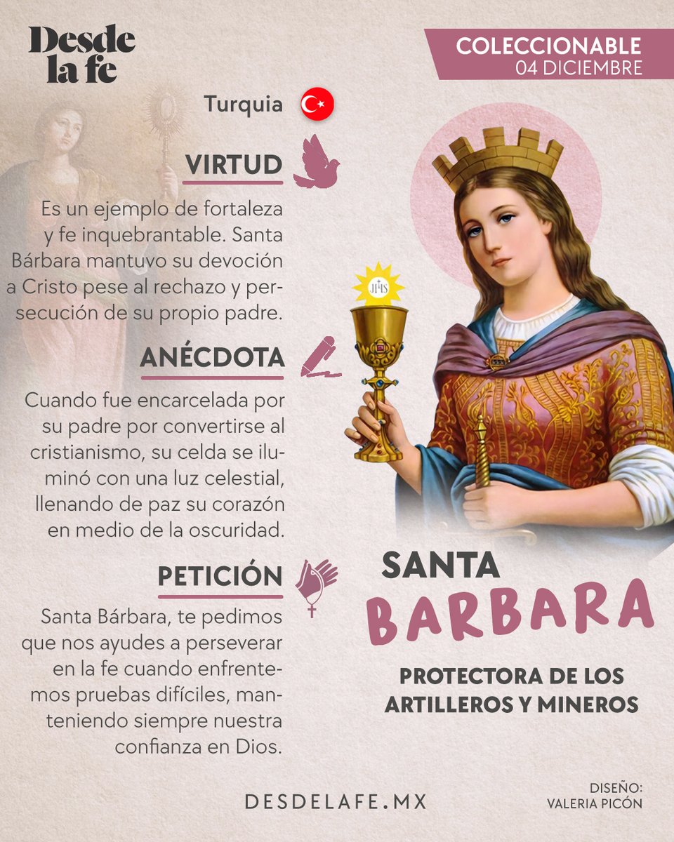 #SantoDelDia Este 4 de diciembre celebramos a una de las santas de los primeros siglos, Santa Bárbara virgen, mártir y auxiliadora. 🙏 Lee más información sobre ella aquí. 👉 desdelafe.mx/noticias/sabia…