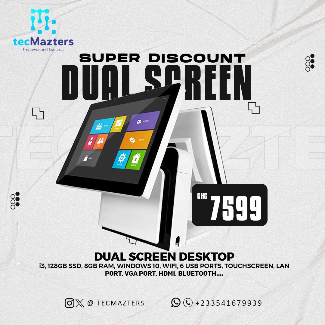 henryjackron's tweet image. &quot;Work smarter, sell faster! 💼 Upgrade to our Front &amp;amp; Back Monitor Desktop for just 7,599 GHC.  

🎥 Front for you, back for your customers—perfect for multitasking and engaging clients in real-time.  

📲 Don’t miss out! DM now to order. #DualScreenSetup #TechDeals #tecMazters&quot;