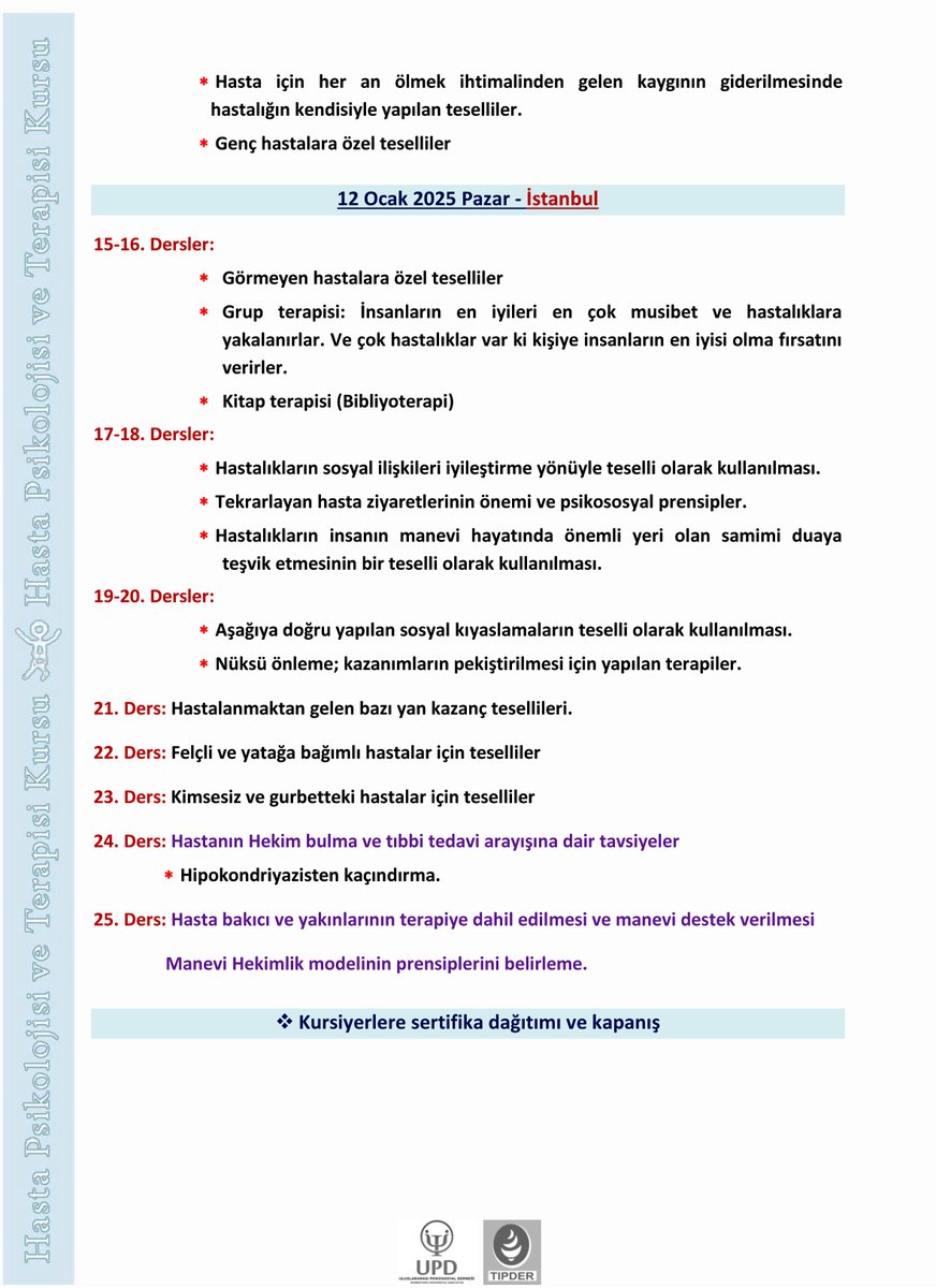 T I P D E R (@tipder) on Twitter photo Hasta Psikolojisi ve Terapisi Kursu- İstanbul
Kurs başvurusu:
drcgul@hotmail.com adresine veya 505 3270393 numaralı telefona whatsaptan adı-soyadı, yaşı, mesleği, iletişim bilgileri ve çalışıyorsa nerede çalıştığı gibi kendini kısaca tanıtan bilgi notu gönderilmelidir. Hasta Psikolojisi ve Terapisi Kursu- İstanbul
Kurs başvurusu:
drcgul@hotmail.com adresine veya 505 3270393 numaralı telefona whatsaptan adı-soyadı, yaşı, mesleği, iletişim bilgileri ve çalışıyorsa nerede çalıştığı gibi kendini kısaca tanıtan bilgi notu gönderilmelidir.