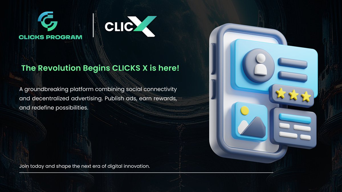 ClicksProgram's tweet image. The Revolution Begins🌐 CLICKS X is here!

A groundbreaking platform combining social connectivity and decentralized advertising. 

Publish ads, earn rewards, and redefine possibilities.

💡 Activate your node today to unlock CLICKS &amp;amp; CDAO rewards.

📈 Be part of the future!…
