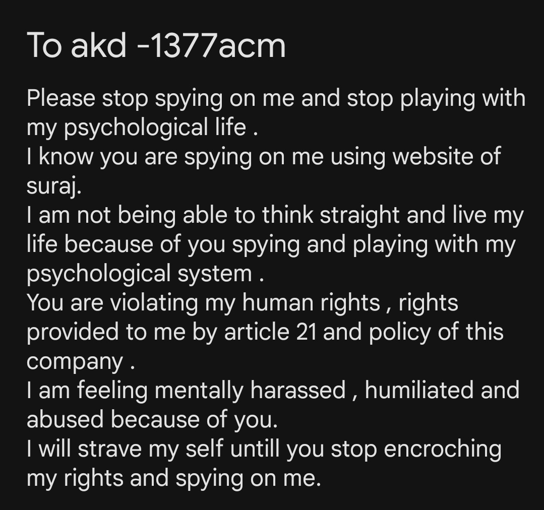 NemoUfass's tweet image. To akd from avte gang
Victim is protesting by HiS to make him stop his spying and mental torture.
#Article21 #Section34 #shaming #Freedom #Justice #Mentaltorture #Workplaceharassment