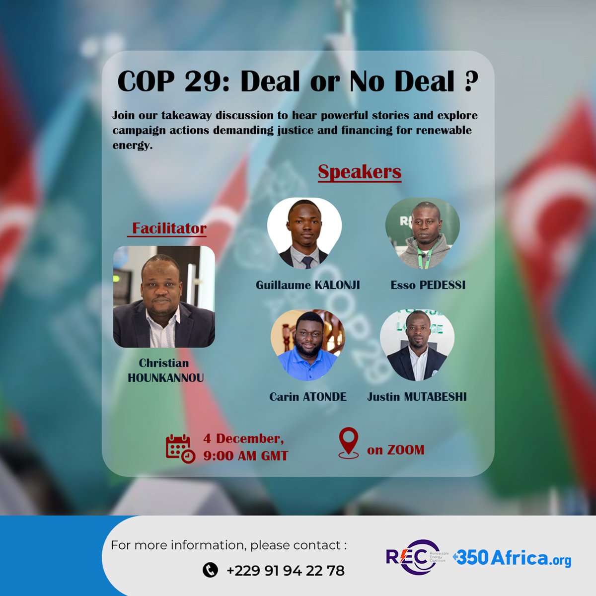 #COP29: What's the verdict? Deal or no deal?🤷‍♀️

Join us &amp; the Renewable Energy Coalition Benin today at 9am GMT to unpack #COP29 takeaways &amp; reflect on the demands for urgent #ClimateAction &amp; renewable energy financing. Be there to weigh in! Register here to.350.org/7LVdJ