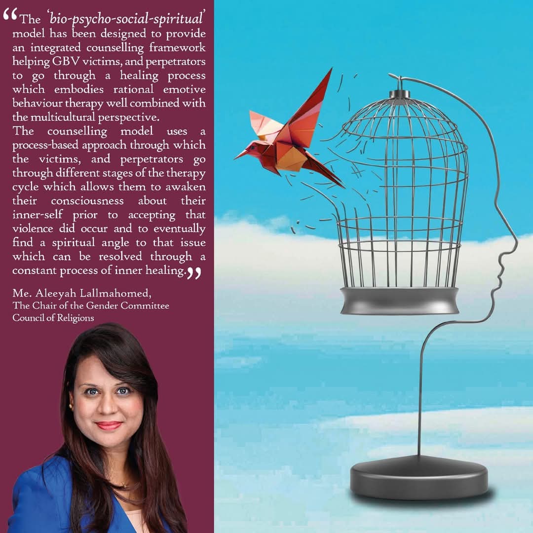 In response to #GBV Council of Religions Mauritius has developed &amp; plans to launch a new model approach to counselling victims of #GBV, This innovative shift focuses on a "bio-psycho-social-spiritual" lens, aiming to transform societal norms that hinder #Women's Rights. #NoExcuse