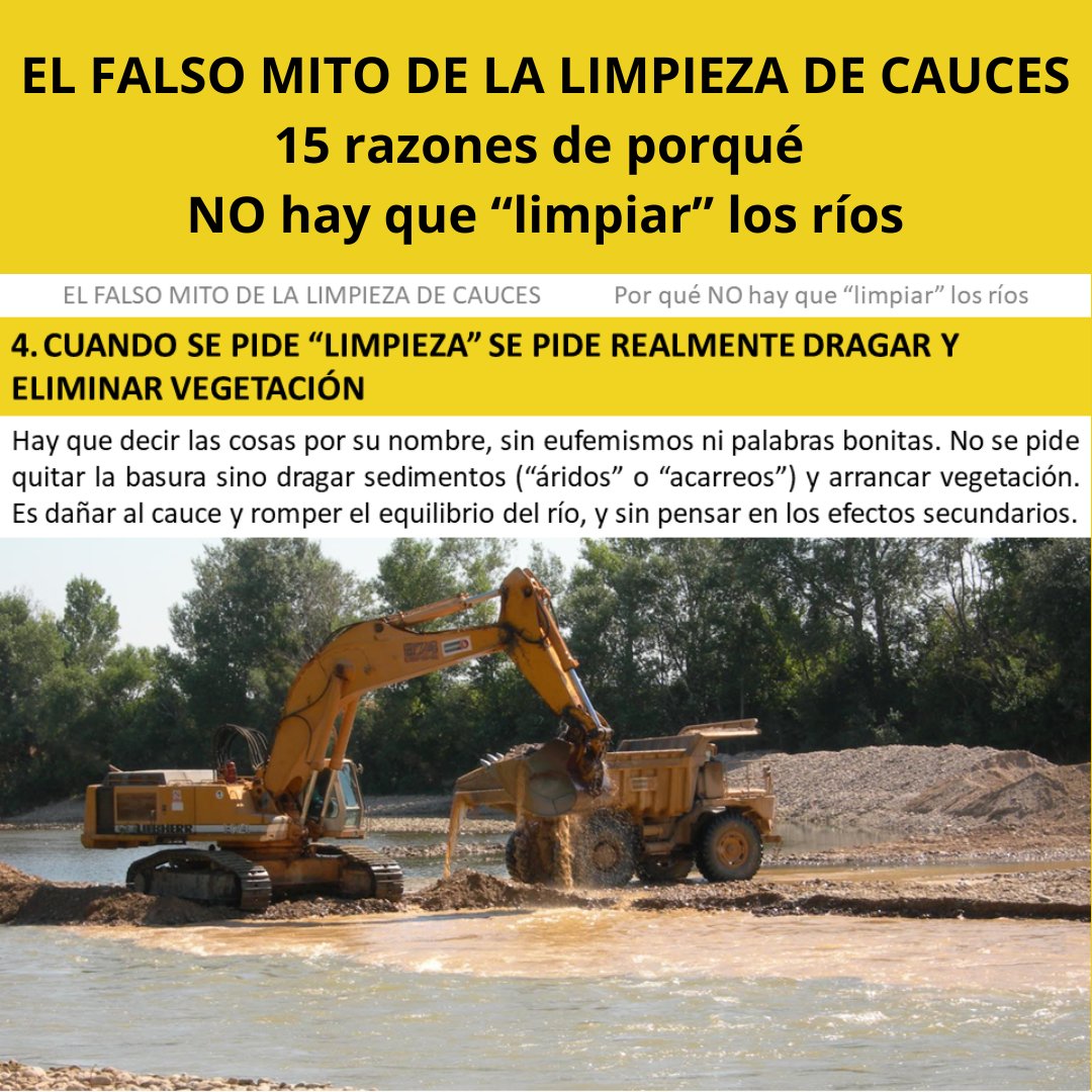 4️⃣ CUANDO SE PIDE “LIMPIEZA” SE PIDE REALMENTE DRAGAR Y ELIMINAR VEGETACIÓN
No se pide quitar la basura sino dragar sedimentos (“áridos” o “acarreos”) y arrancar vegetación. Es dañar al cauce y romper el equilibrio del río, y sin pensar en los efectos secundarios.