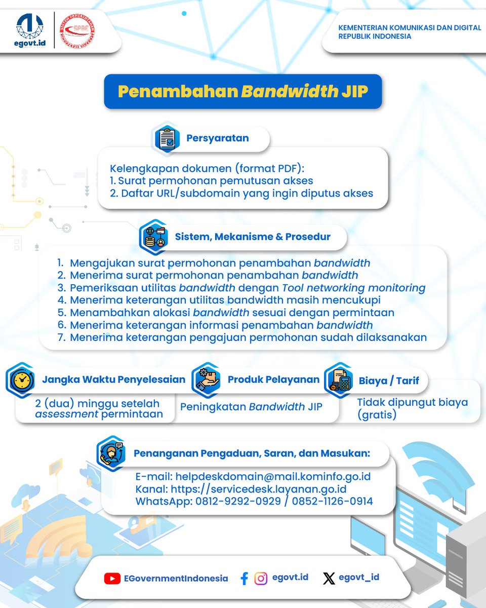 tpdkomdigi's tweet photo. Apa sih pentingnya penambahan Bandwidth untuk JIP?

Eits, dengan penambahan Bandwidth JIP, aksesibilitas data antar instansi menjadi lebih stabil loh #KawanEgovt, proses komunikasi dan pertukaran data antar instansi juga menjadi lebih lancar sehingga dapat memberikan pelayanan publik yang prima dan responsif.

Yuk, share postingan ini ke instansi kamu dan ajak untuk segera mengajukan penambahan Bandwidth JIP!

#DirektoratLAIP
#EgovtIndonesia
#IntegrasikanNegeri
#JaringanIntraPemerintah