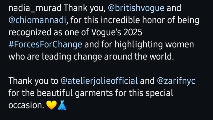 judyju18's tweet photo. 🆕 Angelina Jolie & Atelier Jolie celebrate Nadia Murad a Yazidi human rights activist, being honoured at @BritishVogue as one of Vogue's 2025 #ForcesForChange for highlighting women who are leading change around the world.
@zarifnyc & @atelierjolieofficial dressed @nadia_murad https://t.co/aIN9PR0C6a