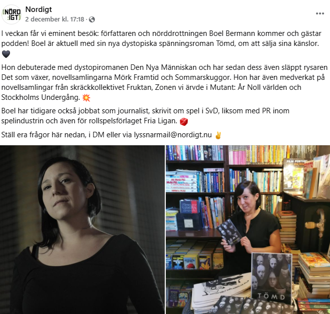 I veckan är jag gäst i den fantastiska podden Nördigt för att för att prata om min dystopiska roman TÖMD som handlar om att sälja sina känslor🖤
Har du frågor till mej är det bara att mejla på: lyssnarmail (@) nordigt (.) nu

Läs mer om podden här -> nordigt.nu/category/podca…