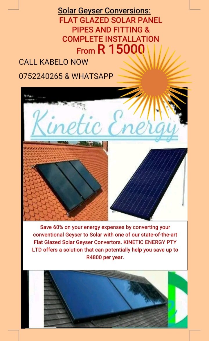 Affordable Solar Geyser  Conversions 

Go Solar, Save Big!"

Get a solar geyser conversion from R15,000! Includes Heating Panel, Conversion fittings, and full installation. Contact us to learn more!"

For Business and Home improvements