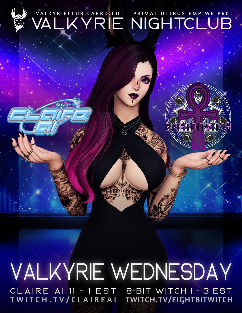 ValkyrieClubXIV's tweet image. Valkyrie is back fresh &amp;amp; rejuvenated for another night of high-energy fun this Wednesday 11 PM EST! Starting off the party will be @ClaireAii followed by our resident pasta purveyor @Goth_Catte ! Join us in the usual spot — Primal Ultros Emp W6 P60!