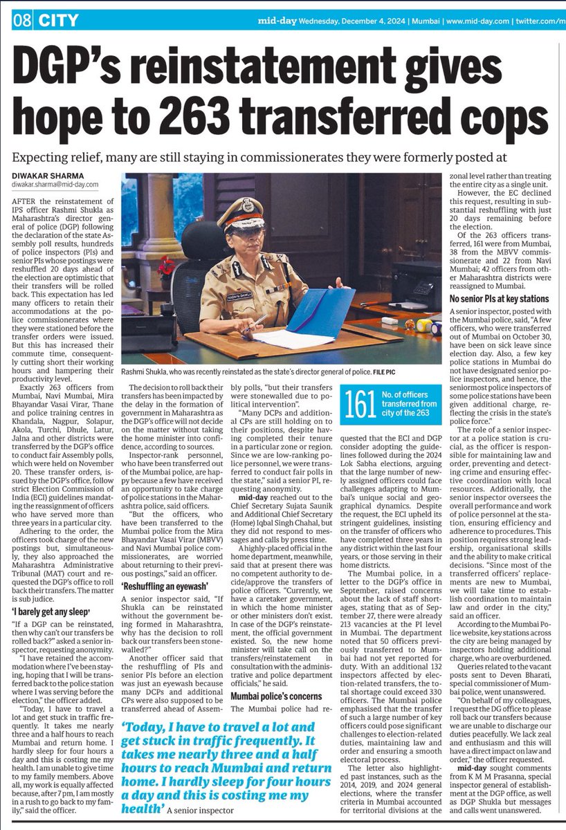 DiwakarSharmaa's tweet photo. “#Reshuffling of PIs/SrPIs was an eyewash when DCPs/Addl CPs were not transferred before assembly polls”
Now DGP’s reinstatement gives hope to 263 transferred cops in Maharashtra.
Read why key police stations in Mumbai DO NOT have designated Senior PIs
https://t.co/34bZ2uHgYc https://t.co/Efw1IpccNg