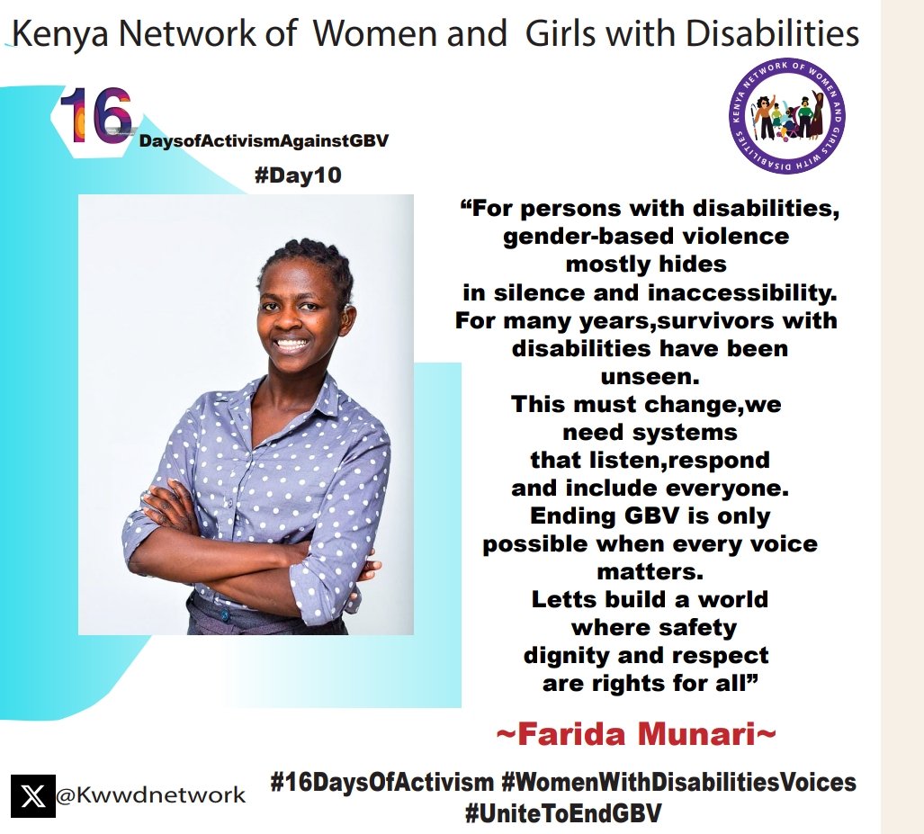 #Day10: #GBV hides in silence and inaccessibility. Survivors with #disabilities are ignored and their pain unseen. We need systems that listen, respond, and include everyone. Ending #GBV is only possible when every voice matters. #16DaysOfActivism #WomenWithDisabilitiesVoices