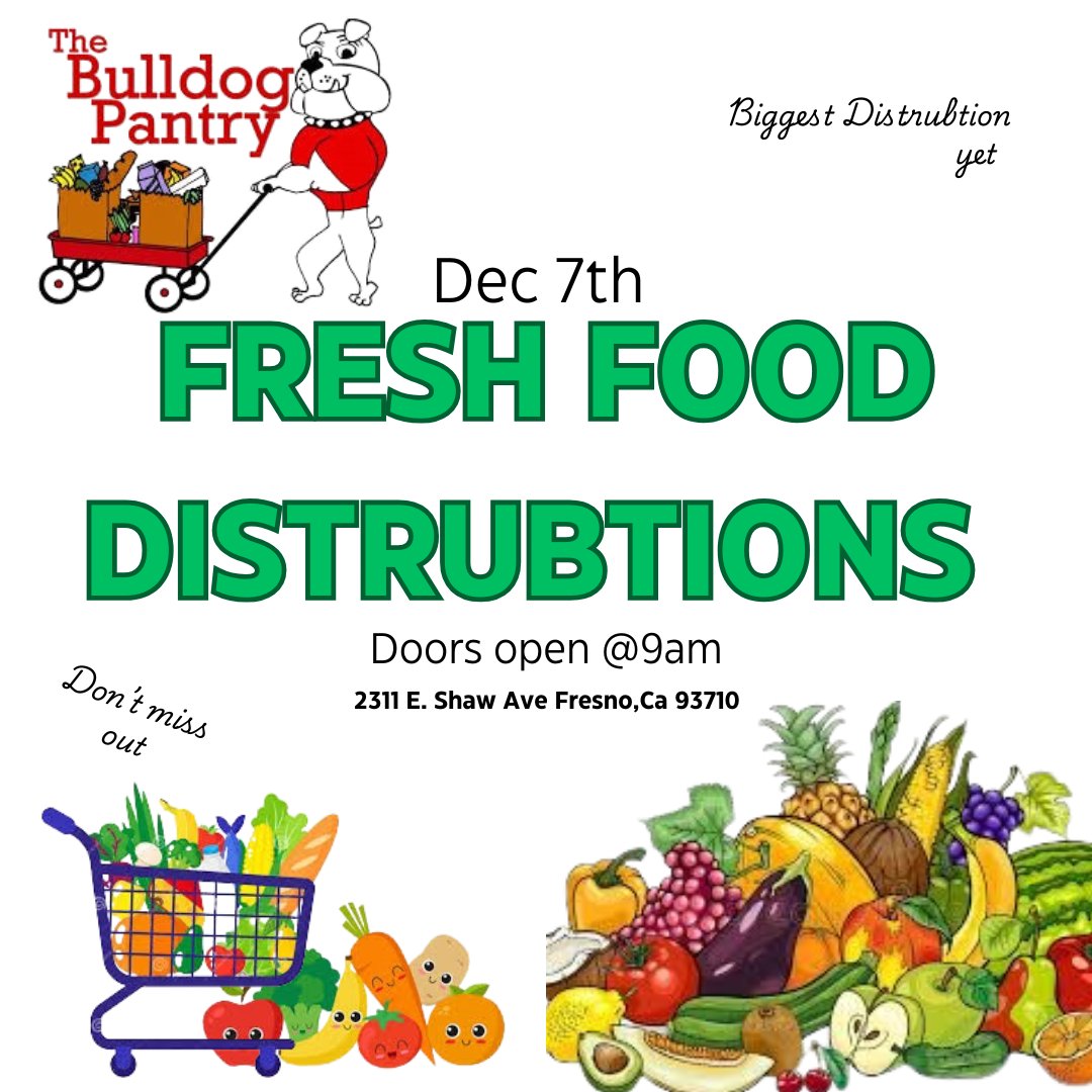 BulldogPantry's tweet photo. In need of healthy fresh produce? Stop by the Bulldog Pantry on Saturday Dec. 7th starting at 9am. 2311 E. Shaw across the street from Fresno State we will have lots of fresh food items. Bring a cart or wagon to help carry your food. Masks will be required. #bulldogpantry https://t.co/92T9u4GxhW