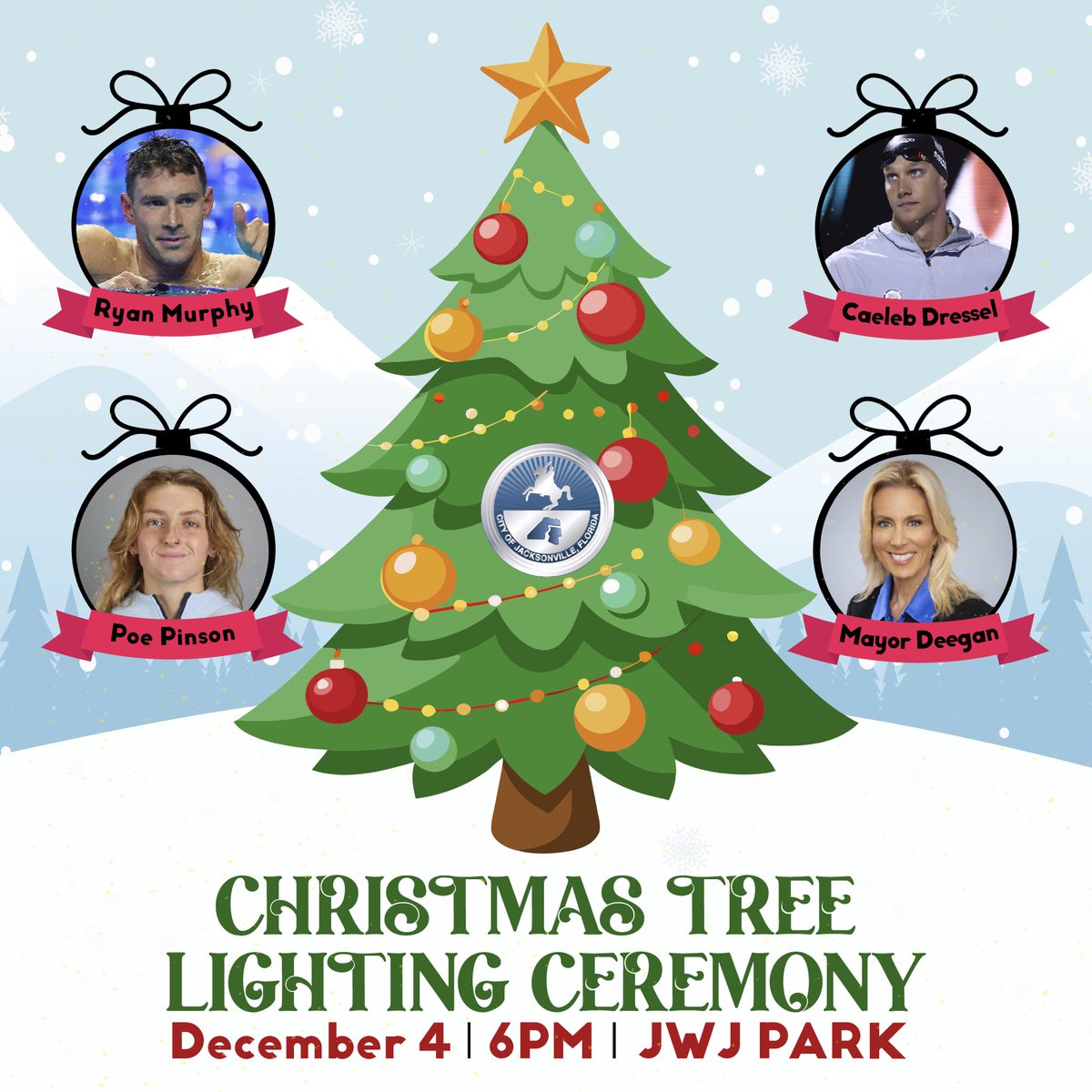 City of Jacksonville (@cityofjax) on Twitter photo Join <a href="/MayorDeegan/">Mayor Donna Deegan</a> and hometown Olympic athletes Caeleb Dressel, <a href="/ryan_f_murphy/">Ryan Murphy</a> , and <a href="/poe_pinson/">poe pinson</a> for the annual tree lighting and holiday celebration with festive performances and family friendly activities.
๐ Wed, Dec. 4
โจ James Weldon Johnson Park
135 W Monroe St.
โฐ 5โ9 PM Join <a href="/MayorDeegan/">Mayor Donna Deegan</a> and hometown Olympic athletes Caeleb Dressel, <a href="/ryan_f_murphy/">Ryan Murphy</a> , and <a href="/poe_pinson/">poe pinson</a> for the annual tree lighting and holiday celebration with festive performances and family friendly activities.
๐ Wed, Dec. 4
โจ James Weldon Johnson Park
135 W Monroe St.
โฐ 5โ9 PM