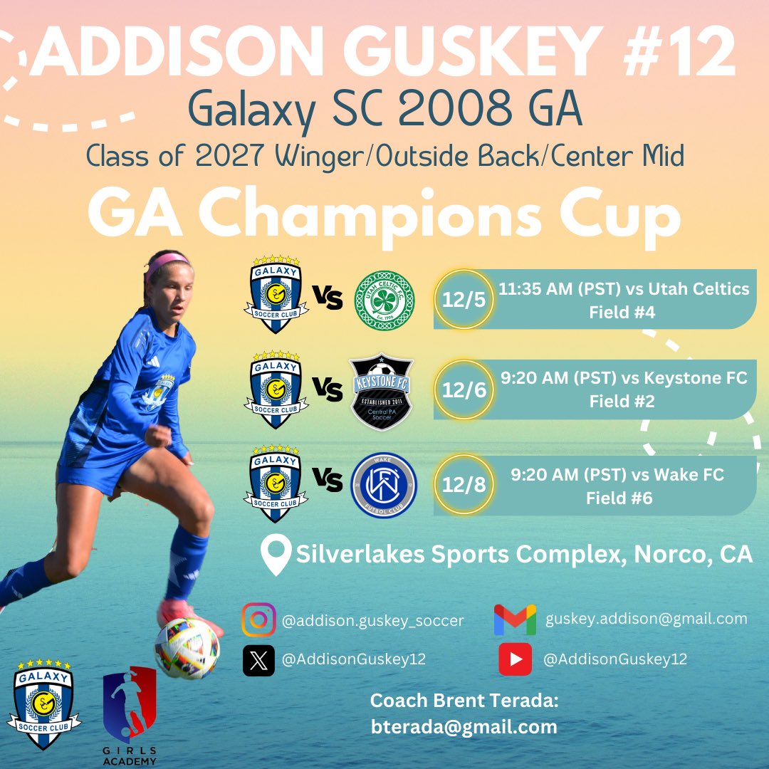 Super excited to compete in the GA Champions Cup in just a few days! Here is my schedule:

<a href="/GalaxySCIL/">Galaxy Soccer Club</a> <a href="/GalaxySC_08GA/">GalaxySC 08 GA</a> <a href="/PrepSoccer/">Prep Soccer ⚽️</a> <a href="/ImYouthSoccer/">ECNL/GA/Recruiting/College Soccer</a> <a href="/TopDrawerSoccer/">TopDrawerSoccer</a>