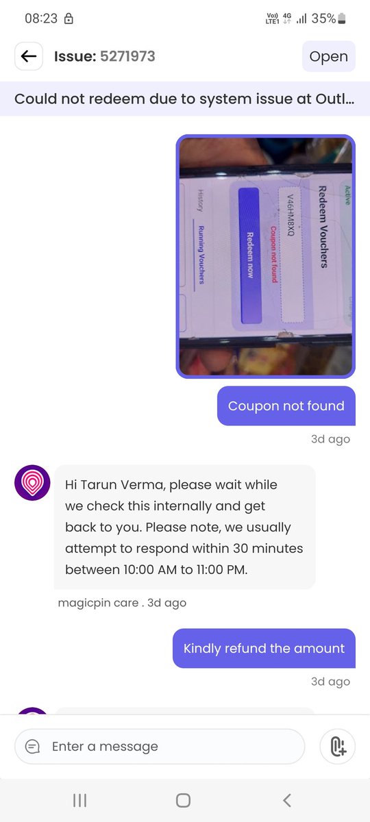 Tarun3011's tweet photo. On 30th November my birthday,  i purchased a voucher from Magicpin but not visible to merchant. In this i wasted 40mins but no response from customer care. Now its been 3 days but there is no resolution. I request everyone to avoid using Magicpin for any services https://t.co/5EoKFJhVOM
