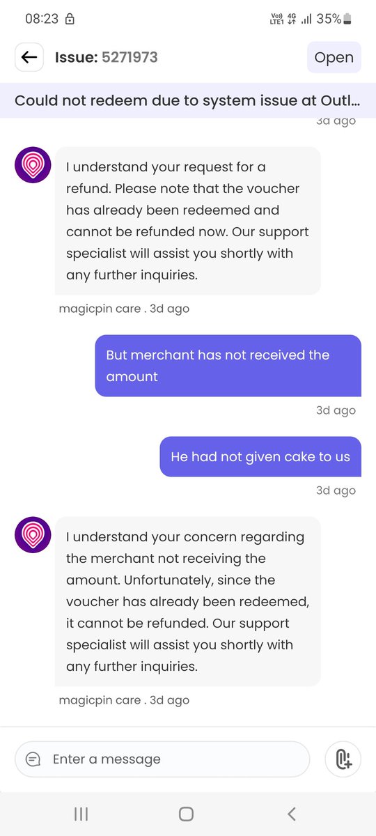 Tarun3011's tweet photo. On 30th November my birthday,  i purchased a voucher from Magicpin but not visible to merchant. In this i wasted 40mins but no response from customer care. Now its been 3 days but there is no resolution. I request everyone to avoid using Magicpin for any services https://t.co/5EoKFJhVOM