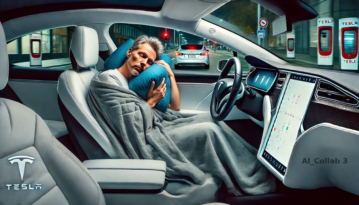 AI_Collab3's tweet photo. Here is a man inside a Tesla car, asleep in the driver’s seat, wrapped in a blanket with a pillow, and the car on autopilot. The scene captures humor. ID#:TeslaX2420 #AI_COLLAB3 #aiart #AutopilotLife #Tesladriver #sleep #AIArtist #ElonMusk https://t.co/dkX21kWPcx