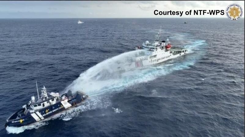 jaytaryela's tweet photo. The People's Republic of China has no jurisdiction over Bajo de Masinloc, which is classified as a rock under the 2016 Arbitral Award and Article 121 of UNCLOS. The Philippines has sovereignty over it, including its territorial sea. The waters beyond Bajo de Masinloc's 12-nautical-mile territorial sea fall within the Philippine EEZ, measured from Luzon's baseline. 

Consequently, the PCG and BFAR vessels are legitimately patrolling our waters, while it is China that is encroaching upon them and militarizing the area by deploying PLA Navy vessels to shadow PCG operations. The dangerous maneuvers and water cannon harassment by the CCG are not standard law enforcement actions; rather, should be interpreted as unlawful aggression by international law violators.