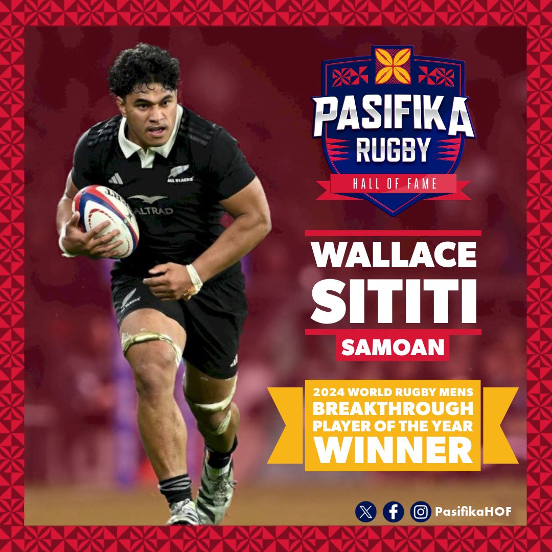 As we celebrate Pasifika’s greatest players, coaches, and contributors…we congratulate the 2024 <a href="/WorldRugby/">World Rugby</a> Breakthrough Player of the Year Award winner, Wallace Sititi! 🌊🌴