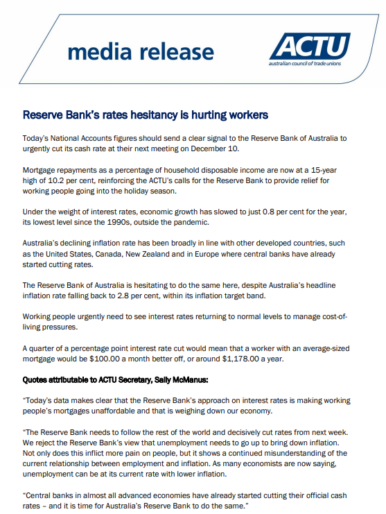 unionsaustralia's tweet image. Media Release: Reserve Bank’s rates hesitancy is hurting workers