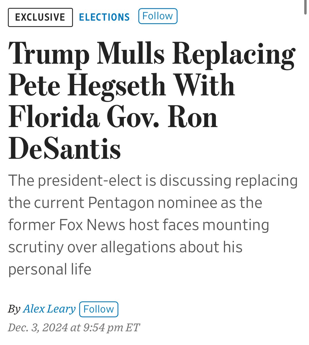 seanmdav's tweet photo. Sources with direct knowledge tell me this story is nonsense and indicate they’ve had enough with games being played on Hegseth’s Defense nomination by Sen. Joni Ernst of Iowa and Sen. Lindsey Graham of South Carolina.

One source said Graham, who has never found a war he didn’t want other people to fight, spent the weekend crying to Trump about Hegseth, while Ernst has been running an inside-the-beltway campaign to knife Hegseth. 

Sources say the WSJ article touting DeSantis is a key part of the Ernst/Graham operation to torpedo Hegseth because of his foreign policy views and opposition to endless, pointless wars.