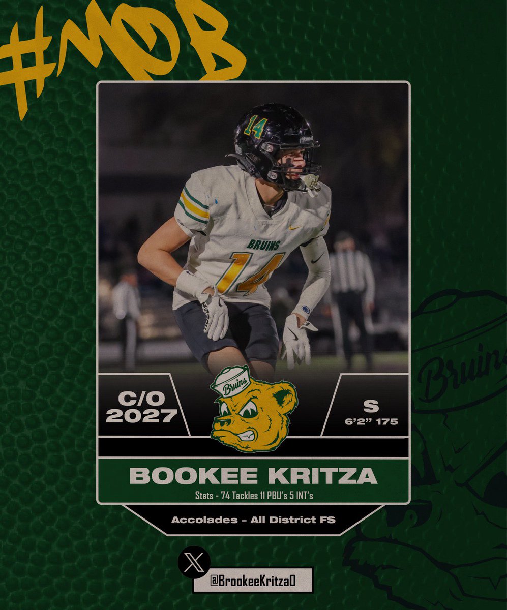Rock Bridge Football Recruiting (@rbfbrecruit) on Twitter photo .<a href="/RBBruinsFB/">RB Bruins Football</a> So. Ball Hawk Safety <a href="/bookeebALLIN/">Bookee kritza</a> had an amazing sophomore campaign! 11 PBU’s 5 INT’s and he returns kicks!
#NoFlyZone
hudl.com/v/2R3rHx
M.O.B. .<a href="/RBBruinsFB/">RB Bruins Football</a> So. Ball Hawk Safety <a href="/bookeebALLIN/">Bookee kritza</a> had an amazing sophomore campaign! 11 PBU’s 5 INT’s and he returns kicks!
#NoFlyZone
hudl.com/v/2R3rHx
M.O.B.