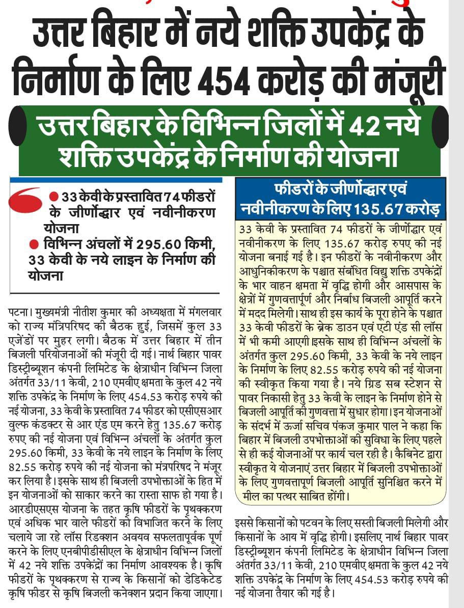 nildeoreIAS's tweet image. उत्तर बिहार में 42 नए शक्ति उपकेंद्रों के निर्माण के लिए ₹454.53 करोड़ की योजना स्वीकृत।

✅ 33kV के 295.60 किमी नए लाइन का निर्माण।
✅ 74 फीडरों की जीर्णोद्धार योजना।
✅ किसानों को सस्ती बिजली और कनेक्शन में आसानी।

#Bihar #PowerDevelopment