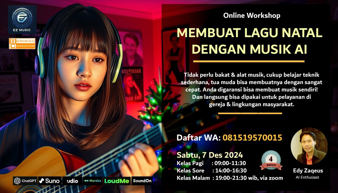 Workshop Online membuat lagu Natal dg musik AI. Info: 081519570015
#lagunatalterbaru