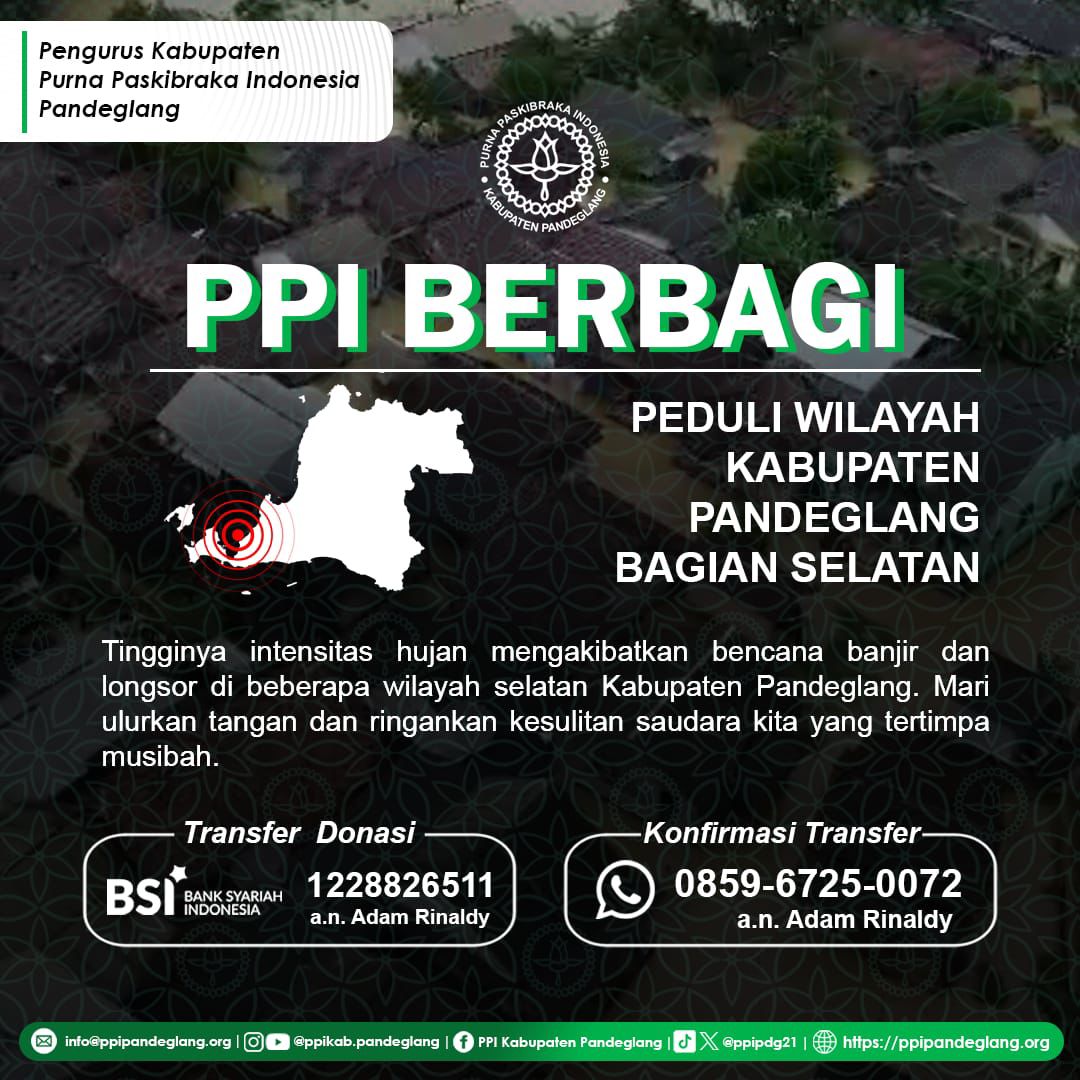 ppipdg21's tweet photo. 🚨 Banjir melanda 13 kecamatan di Pandeglang.
Mari wujudkan solidaritas untuk saudara kita yang terdampak. Bantu lewat donasi:
📞 0859-6725-0072 (Adam Rinaldy)
💳 BSI 1228826511 a.n. Adam Rinaldy
Bersama, Pandeglang pasti bangkit! 💪
#PPIBERBAGI #PPISMART #PPIPANDEGLANG https://t.co/B0lyuqpMZV