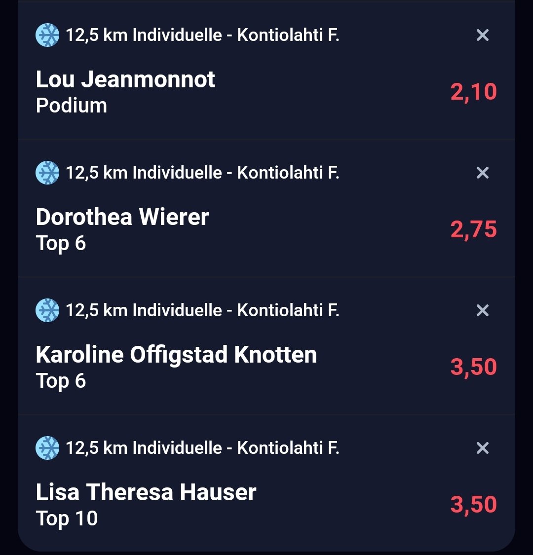 MS_Pronos_MS's tweet photo. ❄️ Biathlon - Individuel 12.5km (F)

Pour les 4 premiers bets 🟢
Pour les 4 suivants 🔵 

Explications des 🟢 et 🔵 sur telegram ➡️ https://t.co/hvwOgcXlb8

#TeamParieur #biathlon #lequipeBIATHLON @HollowSlippy @dr_djekill https://t.co/Tk0f37DqZM